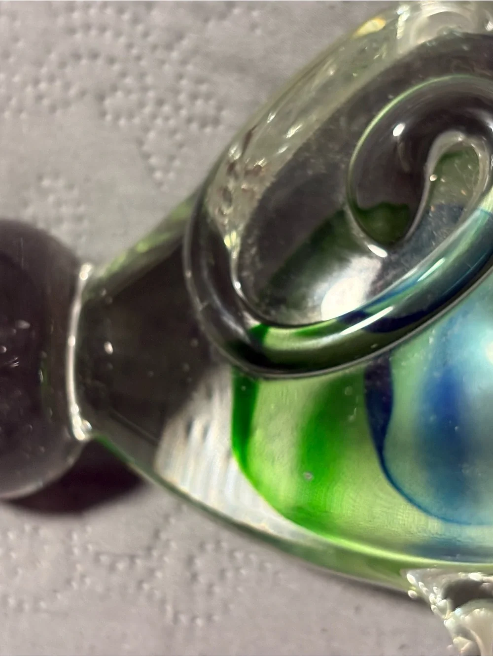 Clear Glass Cat Figurine with Green and Blue Swirl - Brand Unbranded